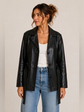 Wilsons Leather Black Belted Leather Jacket Coat Women's L 20-21x27 Thinsulate